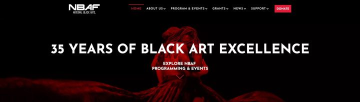 L'écran d'accueil du site Web du National Black Arts Festival avec un titre à lire "35 ans d'excellence en art noir"